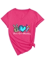 Close-up of Peace Love Phlebotomy graphic on rose red V-neck shirt with leopard and heart - S / Rose Red (White Color Print)