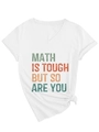 Close-up of white V-neck T-shirt featuring 'MATH IS TOUGH' slogan and front knot detail - S / White