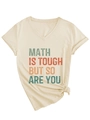 Detail of V-neck beige T-shirt with vintage Math is Tough lettering and knotted hemline - S / Sand