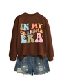 Braunes Sweatshirt mit In My Grandma Era Regenbogen-Druck und Distressed-Denim-Shorts - S / Kaffeebraun
