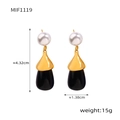 Gold titanium steel drop earrings with pearl stud and black resin teardrop pendant - Gold Black
