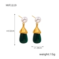 Detail view of retro earrings with white pearl and green teardrop resin pendants - Gold Tone Green Resin (F1119-Gold Green)