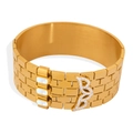 Golden watch-chain style titanium bangle with pavé B-shape and mother-of-pearl inlays - Z331-White Shell Brick Wall / Gold