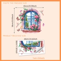Sticker mural fenêtre 3D avec roses roses, colibris et papillons en détail - Fenêtre Blanche Rose Colibri (MS9250)