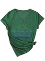 Détail du t-shirt vert chiné à col en V avec motif Lake et ourlet noué élégant - S / Vert Vintage