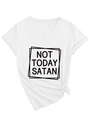 Dettaglio maglietta bianca scollo a V con stampa Not Today Satan e design con nodo frontale - S / Bianco (Carattere Nero)