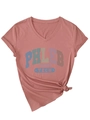 Detail of V-neck dusty pink Phleb Tech t-shirt featuring a front knot and syringe graphic - S / Rose Gold