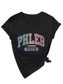 Close-up of black V-neck T-shirt with PHLEB TECH print and stylish knotted hem detail - S / Black