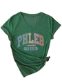 Detailed close-up of V-neck cotton T-shirt fabric with vintage phleb tech print - S / Vintage Green