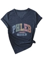 Detail of V-neck heather grey t-shirt with Phleb Tech graphic and side knot design - S / Navy Blue
