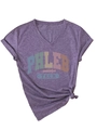 Detail of V-neck short sleeve T-shirt with PHLEB TECH print and stylish hem knot - S / Purple