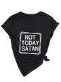 Détail du t-shirt noir à col en V avec imprimé Not Today Satan et nœud à l'ourlet avant - Noir (Lettres Blanches)