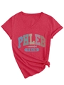Detail of red V-neck T-shirt featuring retro medical print and side-knot hem styling - S / Red