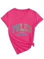 Detail of pink V-neck T-shirt showing PHLEB TECH print and soft brushed knit texture - S / Rose Red