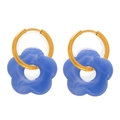 Golden round hoop earrings with semi-transparent blue resin flower pendants - Flower Earrings / Blue Earrings