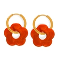 Titanium steel gold chain earrings with orange resin flower charms and round metal hoops - Bright Red Earrings