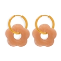 Golden hoop earrings with pink resin flower pendants in marble textured design - Lotus Root Earrings
