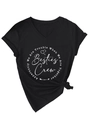 Detail of V-neck T-shirt featuring white Besties Crew letter print and side knot design - Black (White Letters)