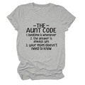 Close-up of soft grey cotton t-shirt with The Aunt Code humorous typography print - Light Gray (Black Font)