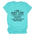 Detail of turquoise crew neck T-shirt with rolled sleeves and aunt code slogan - Deep Water Blue (Black Font)