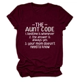 Detail of the aunt code text printed on a burgundy cotton crew neck short sleeve t-shirt - Wine Red (White Font)