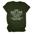 Close-up of The Aunt Code humor graphic printed on dark green crewneck cotton T-shirt - Army Green (White Font)