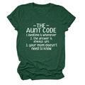 Detail of the aunt code text printed on a dark green crew neck short sleeve t-shirt - Retro Green (White Font)