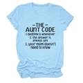 Close-up of the light blue Aunt Code graphic tee with rolled sleeves and round neck - Light Blue (Black Font)