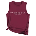 Close-up of burgundy tank top with white slogan lettering and side knot detail - S / Burgundy
