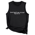 Detail of black tank top featuring white slogan print and stylish decorative front hem knot - S / Black