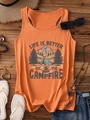 Flat lay of an orange camping tank top with Life Is Better By The Campfire print and accessories - Light Orange