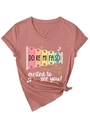 Detail of V-neck T-shirt in brick red with musical notes and excited to see you slogan - S / Rose Gold (White Print)