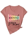 Detail of V-neck T-shirt in dusty rose with musical xylophone print and waist knot design - S / Rose Gold (Black Print)