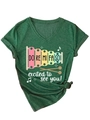 Detail of dark green V-neck T-shirt with musical rainbow print and knotted hem - S / Vintage Green (White Print)