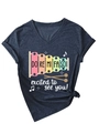 Close-up of V-neck T-shirt showing rolled cuffs, knotted hem, and rainbow xylophone print - S / Navy (White Print)
