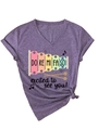 Detail of heathered purple V-neck T-shirt with xylophone print and side knot design - S / Purple (Black Print)