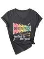 Detail of grey V-neck T-shirt with musical xylophone print and Excited to see you text - S / Black Heather Grey
