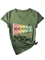 Detail of olive green V-neck T-shirt with rainbow xylophone print and stylish hem knot - S / Olive Green
