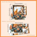 3D window wall sticker with cat and flower pattern including size measurement details - Orange Cat Wooden Window Landscape (MS9010)