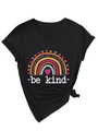 Détail du t-shirt noir col V avec motif arc-en-ciel et texte inspirant « be kind » - S / Noir