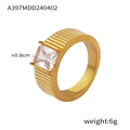 Detailed view of 6g gold ring with striped texture and 0.8cm square crystal stone - Gold Ring Size 6 (A397)
