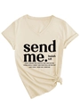 Detail of beige V-neck t-shirt featuring a knot hem and Isaiah 6:8 bible verse print - S / Sand (Black Font)