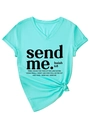 Detail showing the V-neckline and Isaiah 6:8 religious print on a mint green t-shirt - S / Deep Water Blue (Black Font)