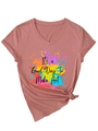 Detail of the V-neck t-shirt showing artistic print and stylish front hem knot decoration - S / Rose Gold