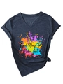 Detail view of charcoal V-neck T-shirt with rolled sleeves and creative art slogan - S / Navy Blue