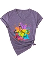 Close-up of V-neck T-shirt with colorful spray ink and 'It's a Good Day To Make Art' print - S / Purple