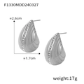 Teardrop shaped titanium steel earrings in silver finish with sparkly rhinestones - Spiral Texture Rhinestone Style (F1330) / Steel