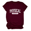 Close-up of PHYSICAL THERAPY letter print and rolled sleeves on maroon cotton t-shirt - Wine Red (White Font)