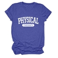 Detail of white Physical Therapy letter print on heather blue cotton t-shirt - Retro Blue (White Font)