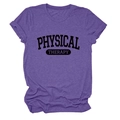 Detailed view of purple heathered t-shirt with Physical Therapy lettering and crew neck - Purple (Black Text)